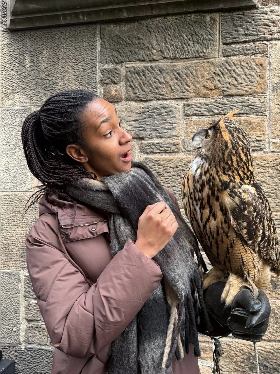 Woman reacting with surprise to an eagle owl perched on a falconer's glove